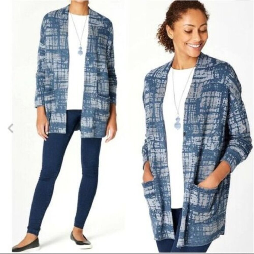 J Jill Indigo Artisanal Open Front Cardigan Pockets Cotton Sweater Women M NWT